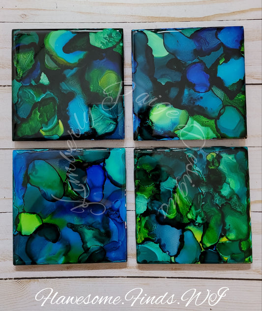 Abstract Blue & Green Set #1 4 Piece Coaster Set
