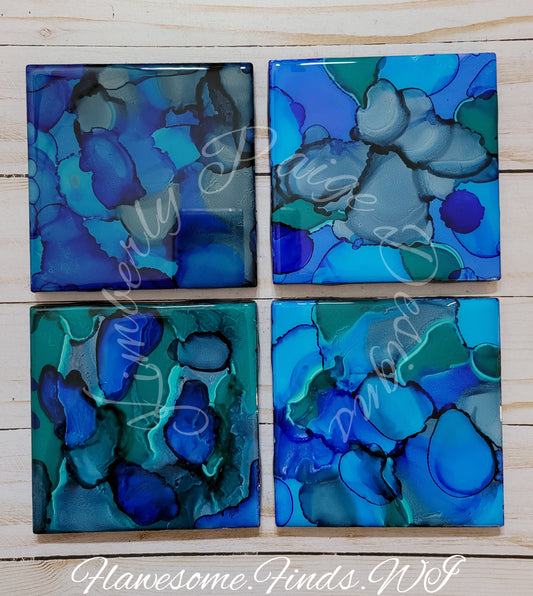 Abstract Blue & Green #3 4 Piece Coaster Set