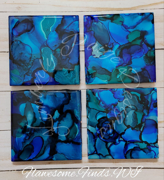 Abstract Blue & Green Set #2 4 Piece Coaster Set