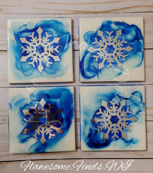 Blue with Silver Snowflakes 4 Piece Coaster Set