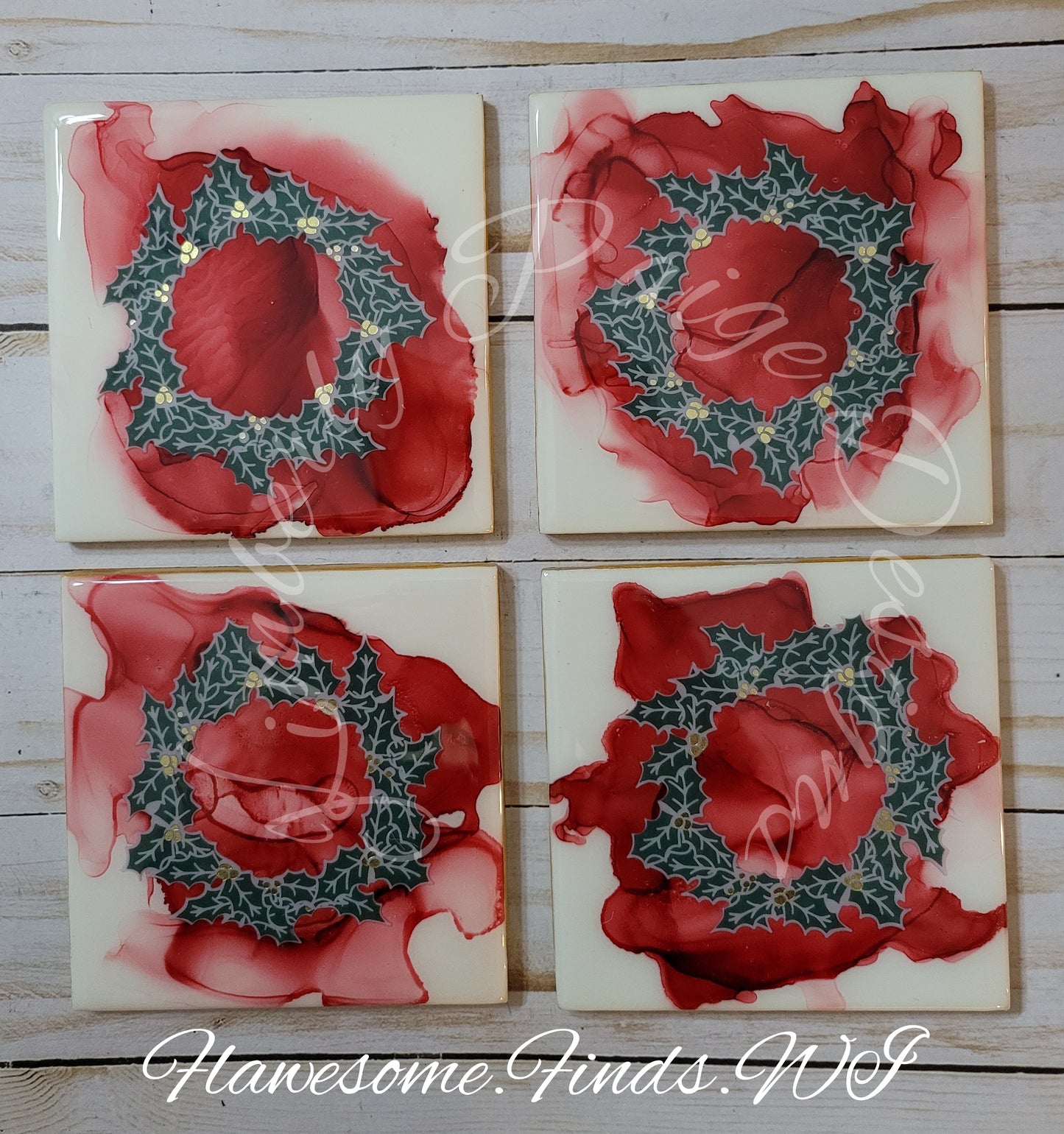 Red with Green Wreath Die Cut 4 Piece Coaster Set