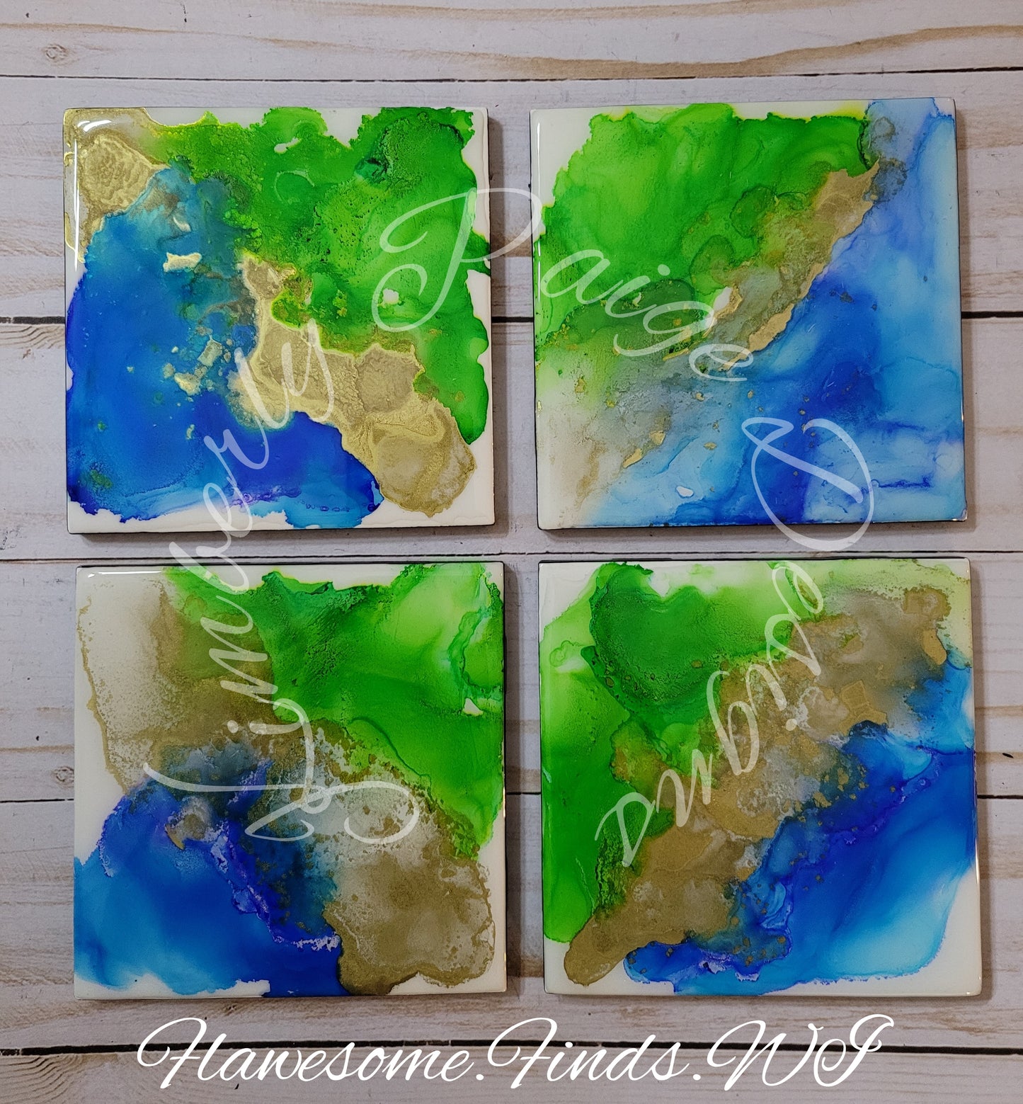 Blue Green Gold 4 Piece Coaster Set