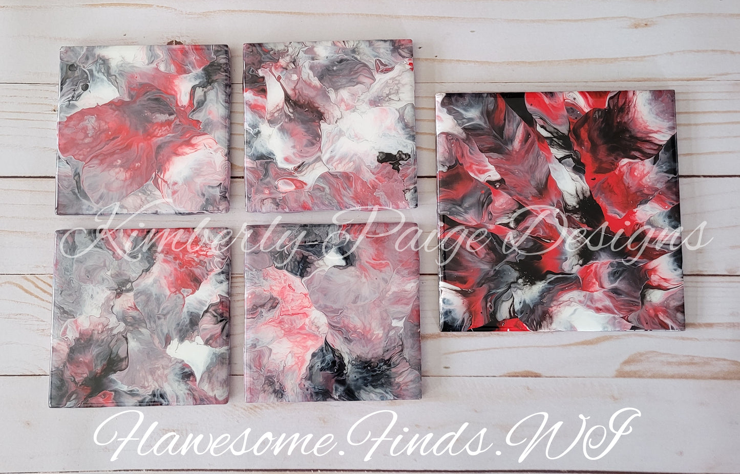 Red Black White Abstract 5 Piece Coaster Set