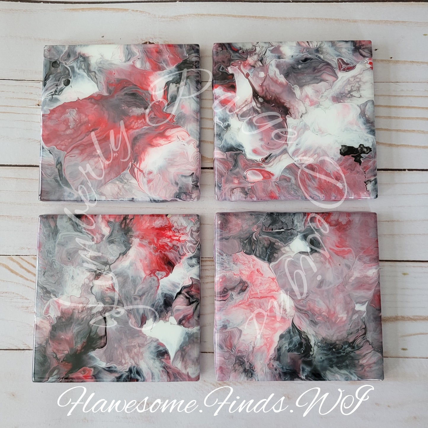 Red Black White Abstract 5 Piece Coaster Set