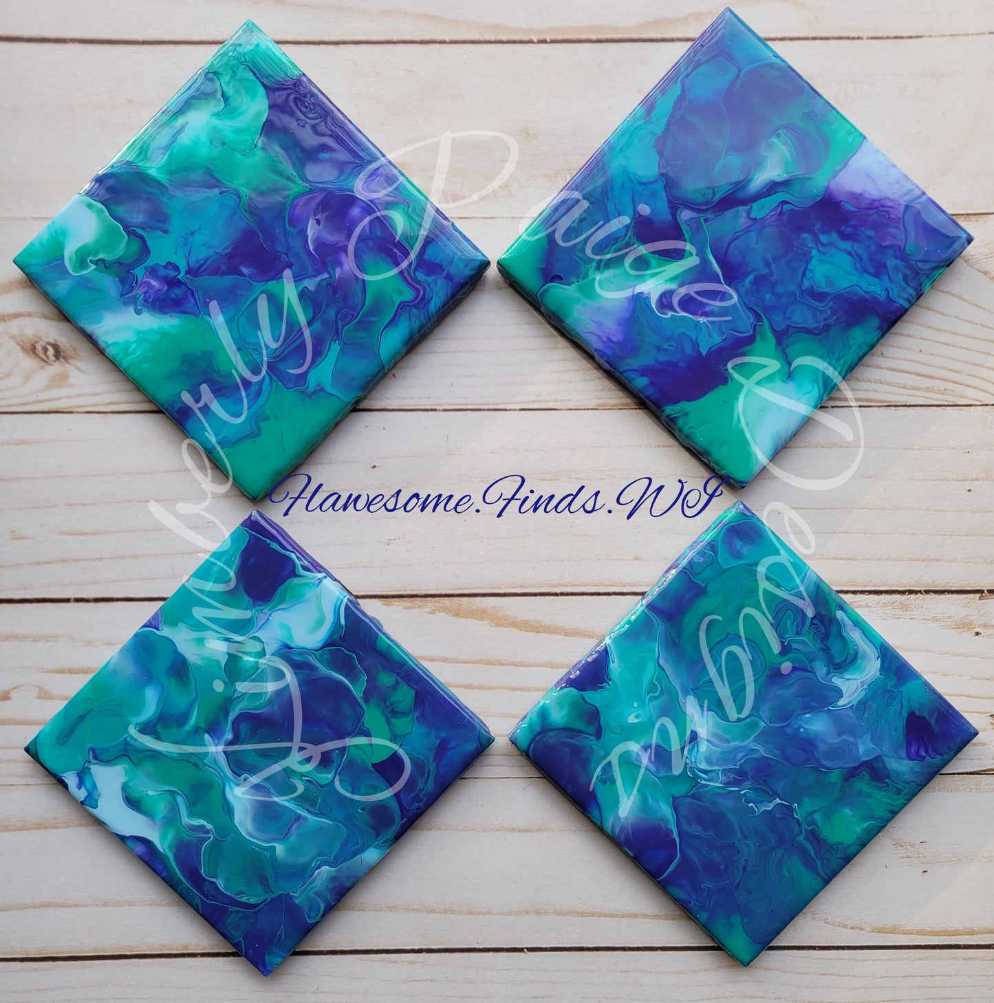 Teal, Blue Violet, Aquamarine (Smoke Effect) 4 Piece Coaster Set