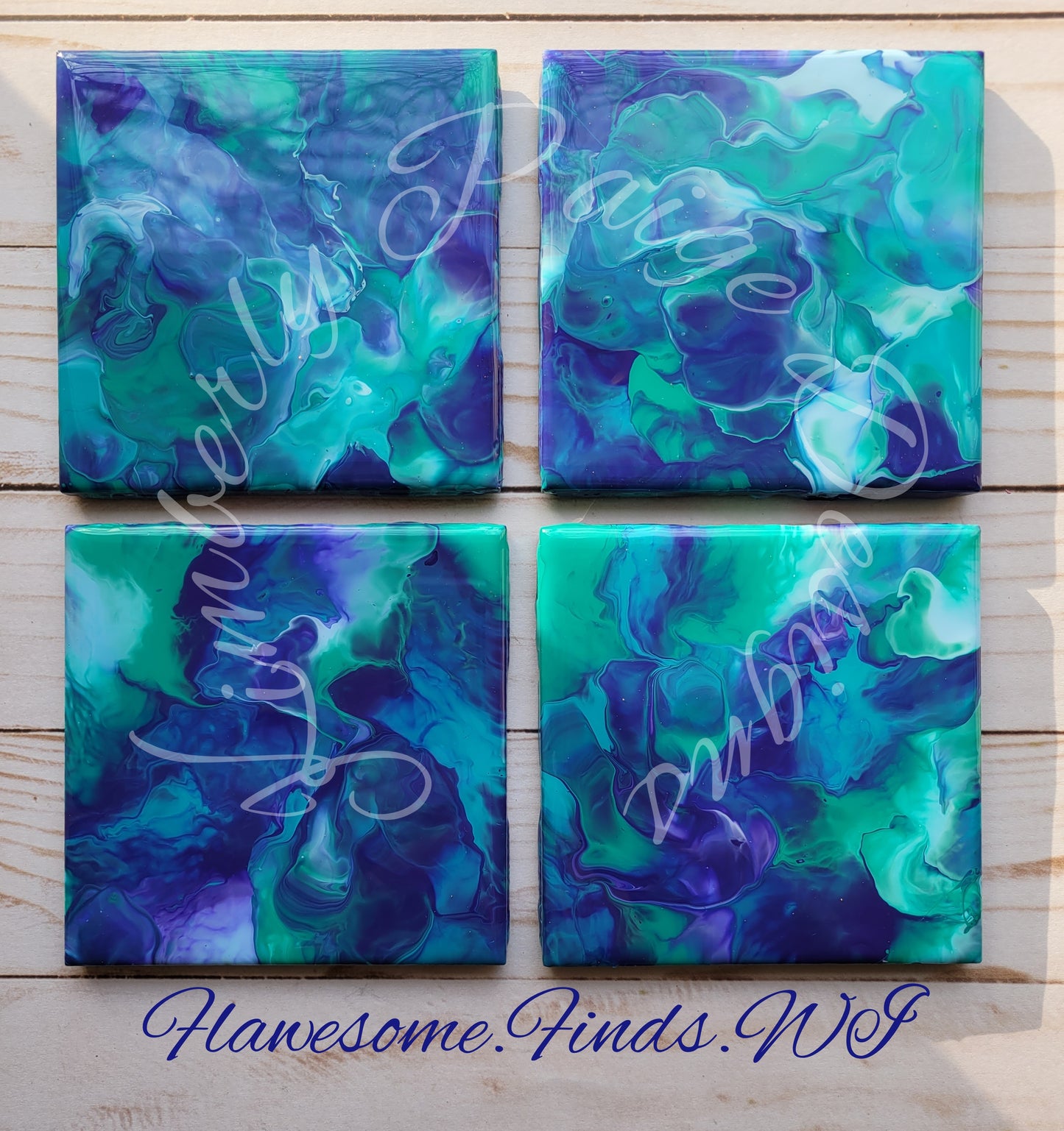 Teal, Blue Violet, Aquamarine (Smoke Effect) 4 Piece Coaster Set