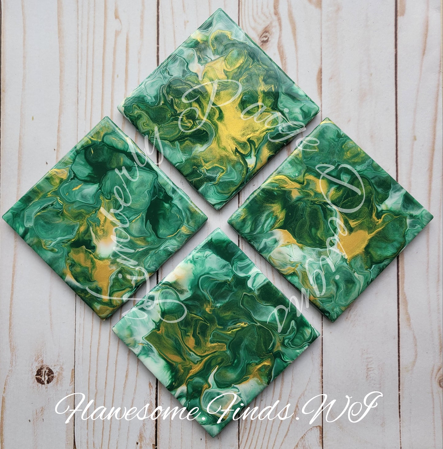 Green, Gold & White 4 Piece Coaster Set