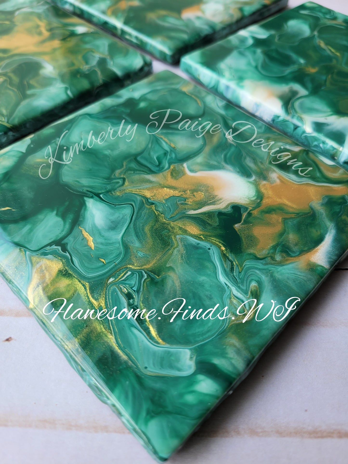 Green, Gold & White 4 Piece Coaster Set