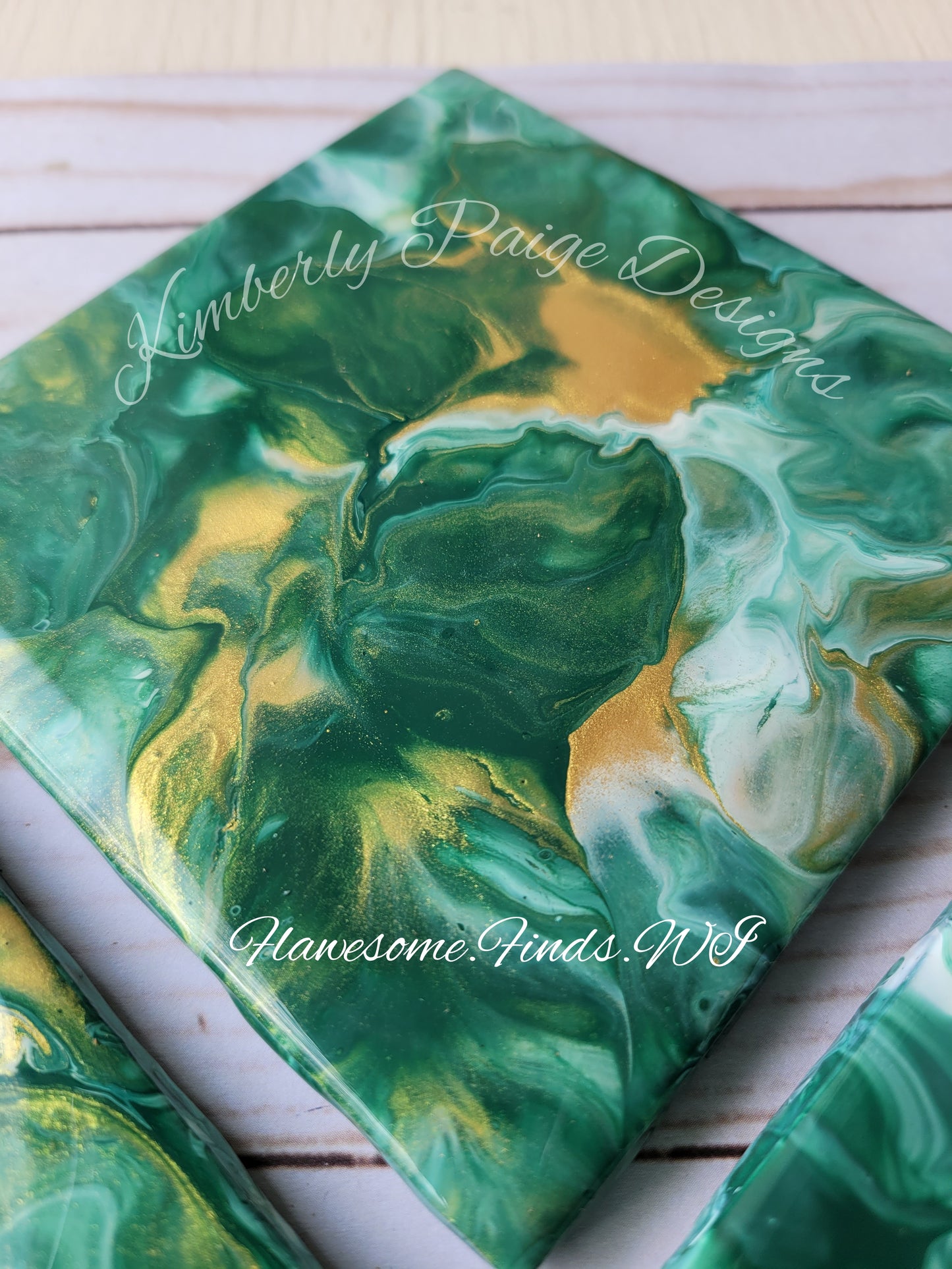 Green, Gold & White 4 Piece Coaster Set