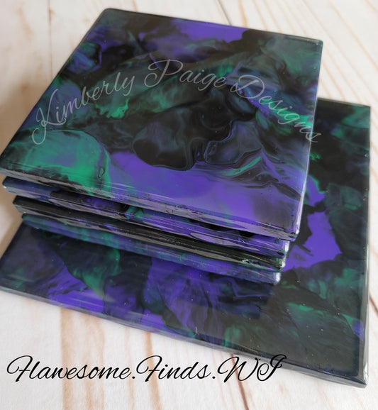 Black, Purple & Green 5 Piece Coaster Set