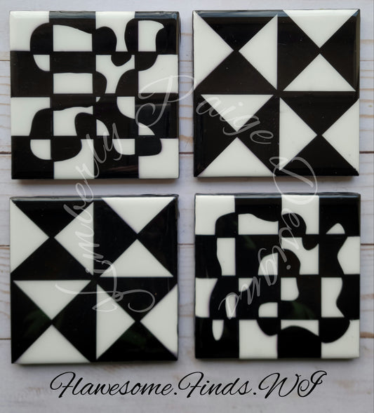 Abstract Black & White Checkerboard/Pinwheel 4 Piece Coaster Set