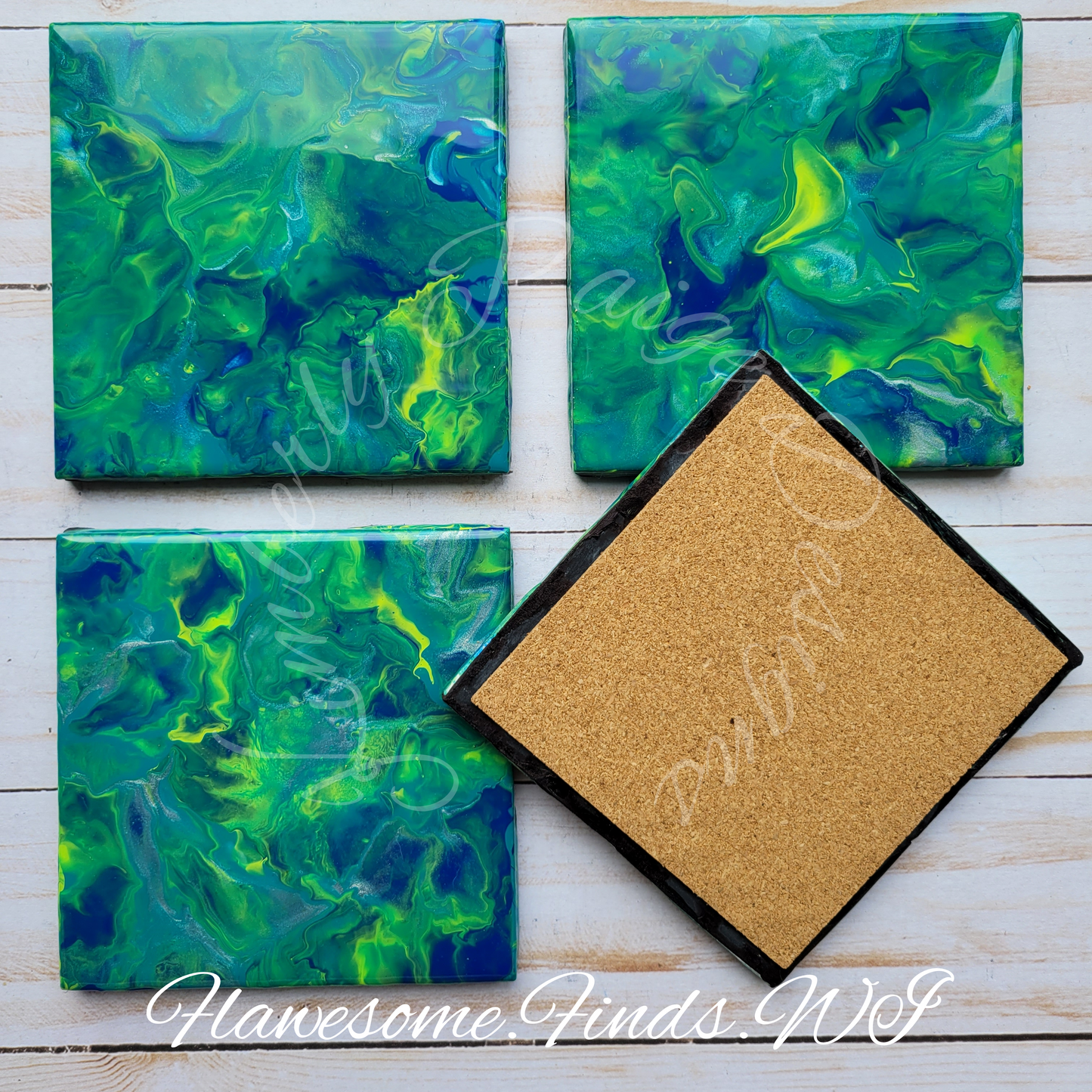 Green, Blue, Metallic Silver 4 Piece Coaster Set