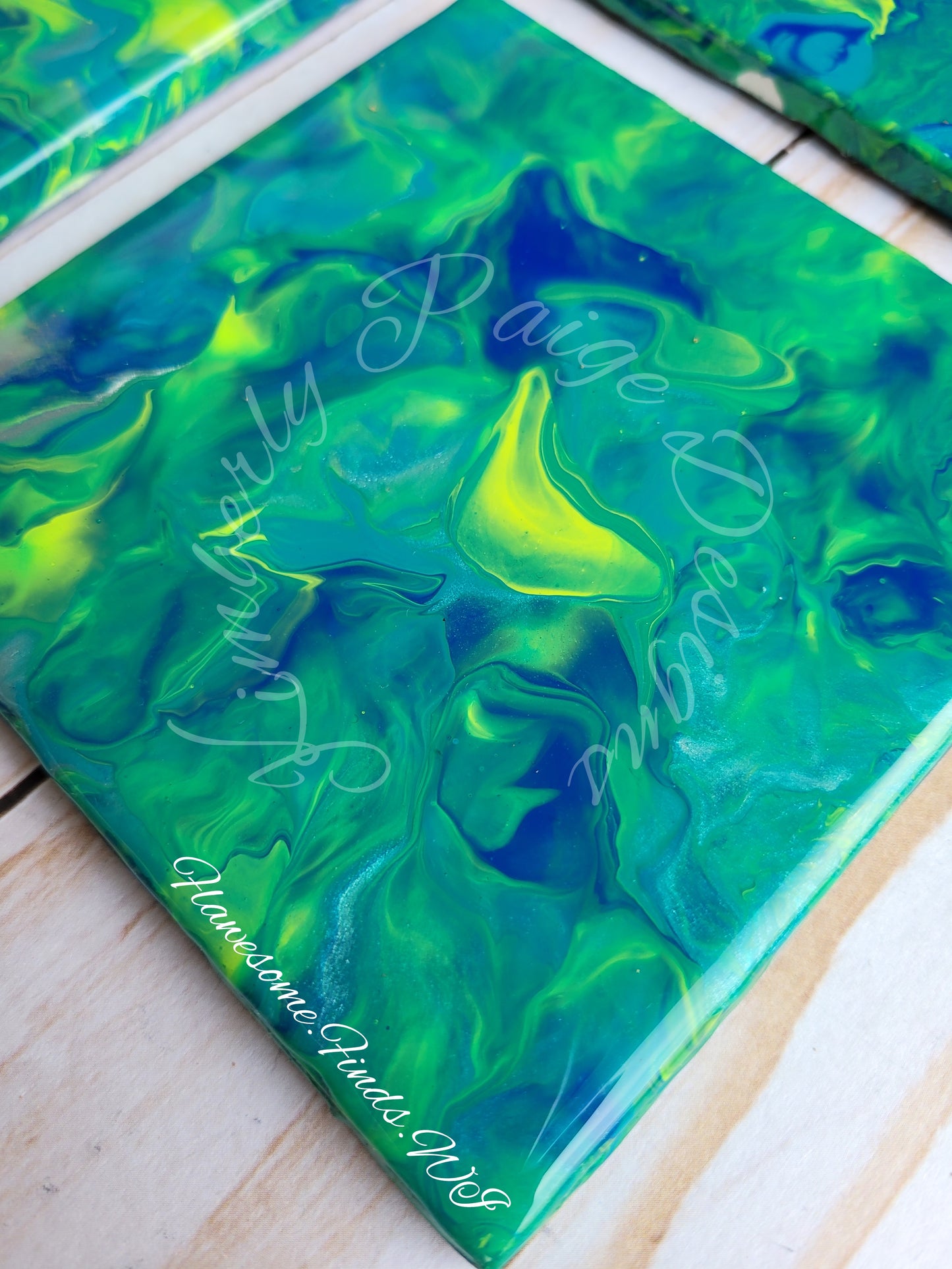 Green, Blue, Metallic Silver 4 Piece Coaster Set