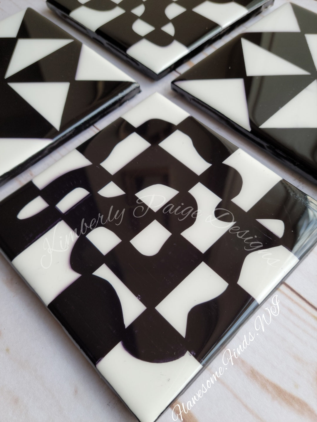 Abstract Black & White Checkerboard/Pinwheel 4 Piece Coaster Set